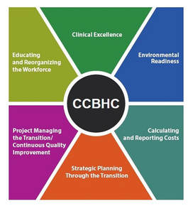 Image showing the main components of CCBHCs: 1) clinical excellence, 2) enviromental readiness, costs, strategic planning, project management and CQI, and educating the workforce
