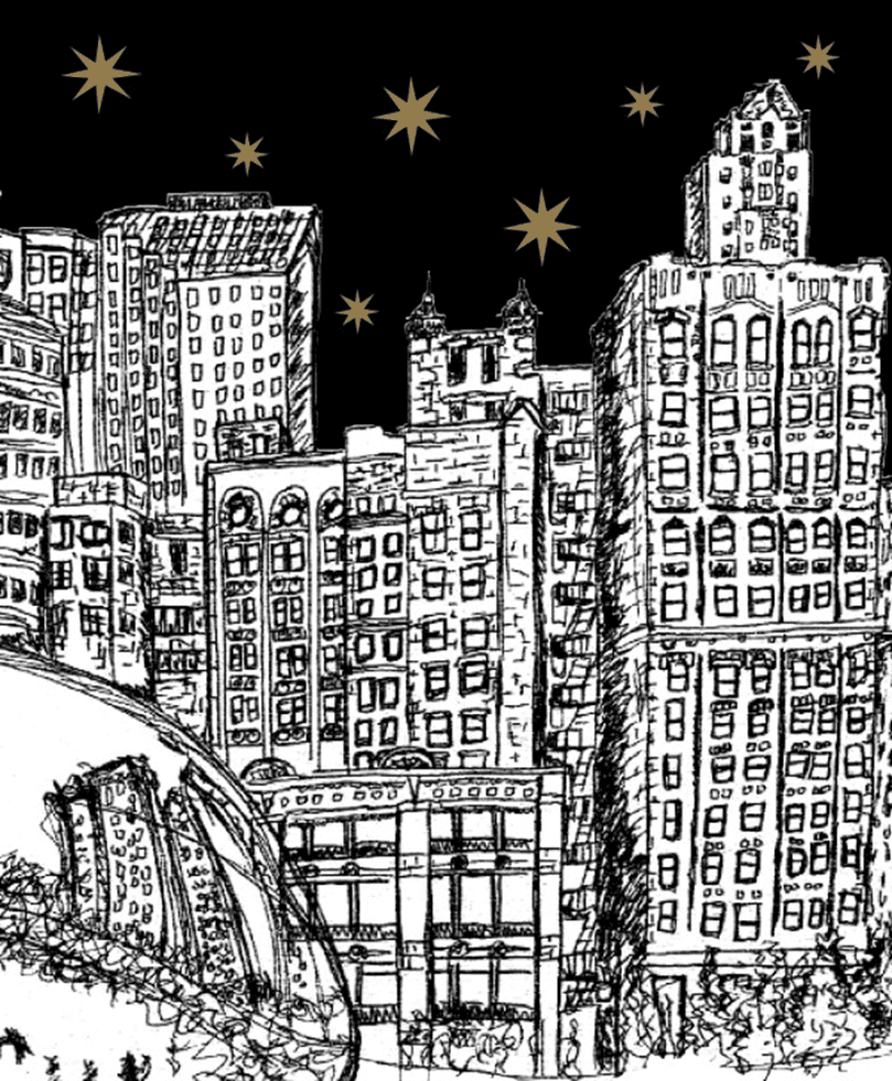 Illustration of the Chicago sky line under the stars