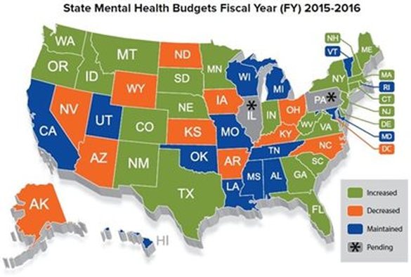 Graphic of a map of the U.S. showing decreasing State mental health budgets