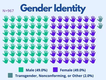 Graph showing that 49% had a male identity, 49% a female identity, and 2% were transgender, non-conforming, or other. 