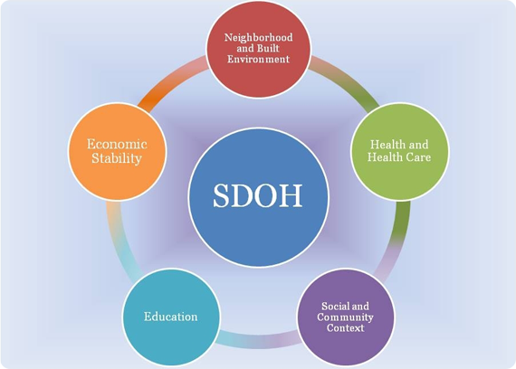 Image of the main SDOH: 1) neighborhood, health care, social & community, education, and economic situation