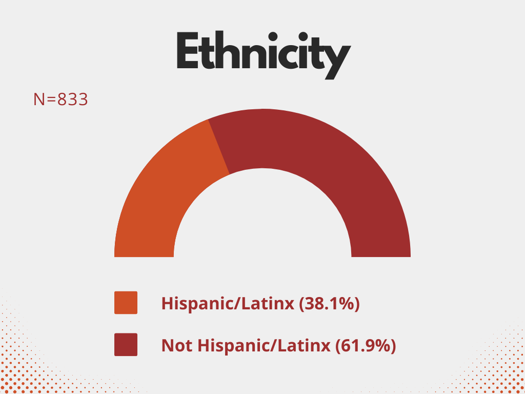 Graph showing that 38.06% of respondents were Latinx/Hispanic, and 61.94% were not.