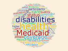 Image of many words related to disability policy, such as Medicaid, coverage, health, and quality