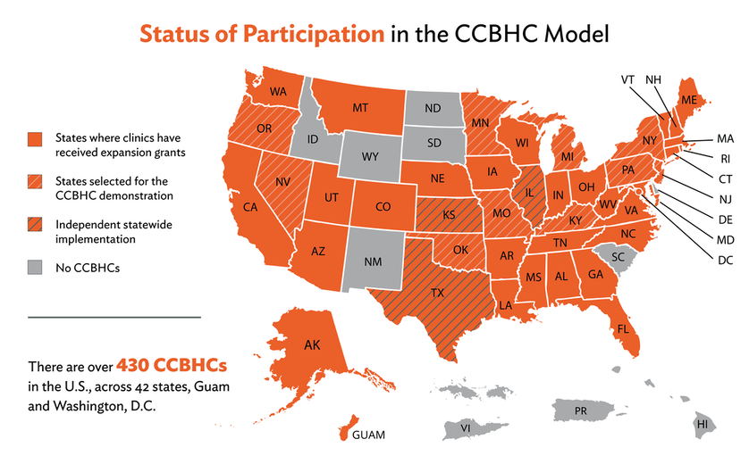 Picture of a U.S. map showing the states that have CCBHC expansion grants. There are over 430 CCBHCs in the U.S. across 42 states, Guam, and Washington DC.