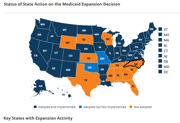 Graphic of the United States showing the 39 states that have adopted Medicaid expansion